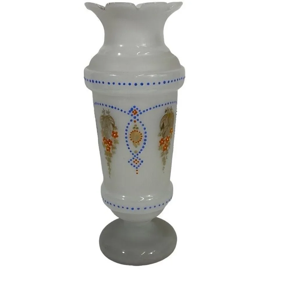 ‎VICTORIAN ANTIQUE BRISTOL GLASS BLUE FLORAL MORIAGE LG 13” VASE 1880-